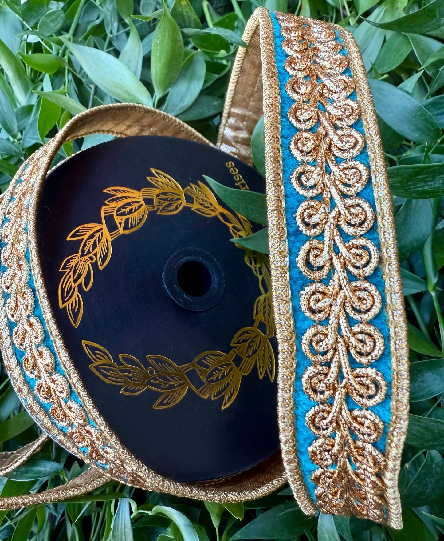 JME heavy wired ribbon. TEAL velvet with gold embroidered design and back with gold metallic. 1“ x 10 yards.