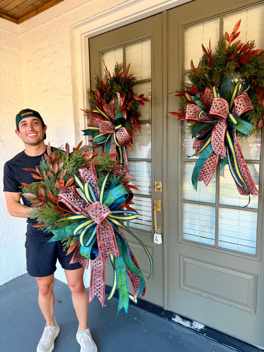 The Autumn Wreath. Handmade JME wreath with a hand tied bow. About 24 inches wide. *Some fluffing may be required upon receiving.