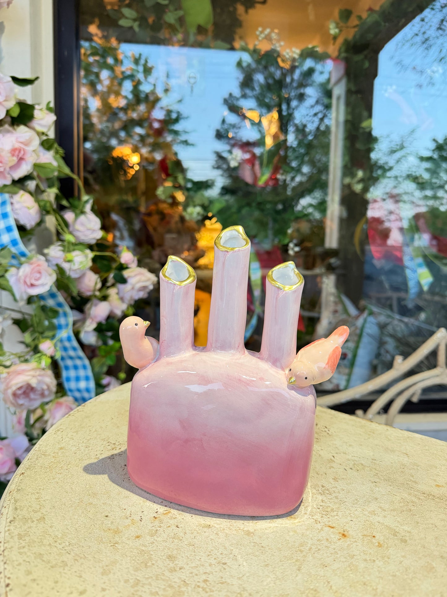 Pink Ceramic Bird Tulip Vase 8.75"