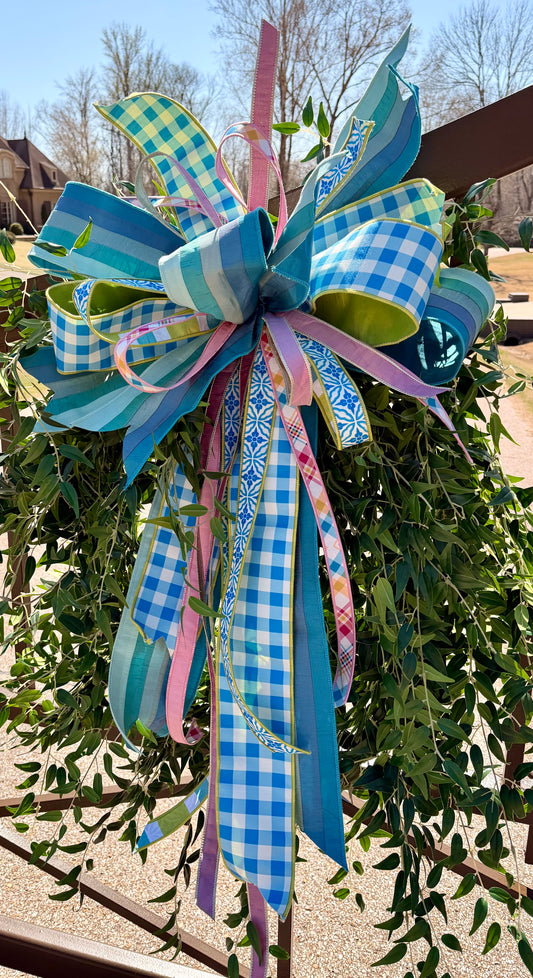 Large JME hand tied spring blues bow made of 5 different JME ribbons. BOW ONLY. *some fluffing might be required after shipping