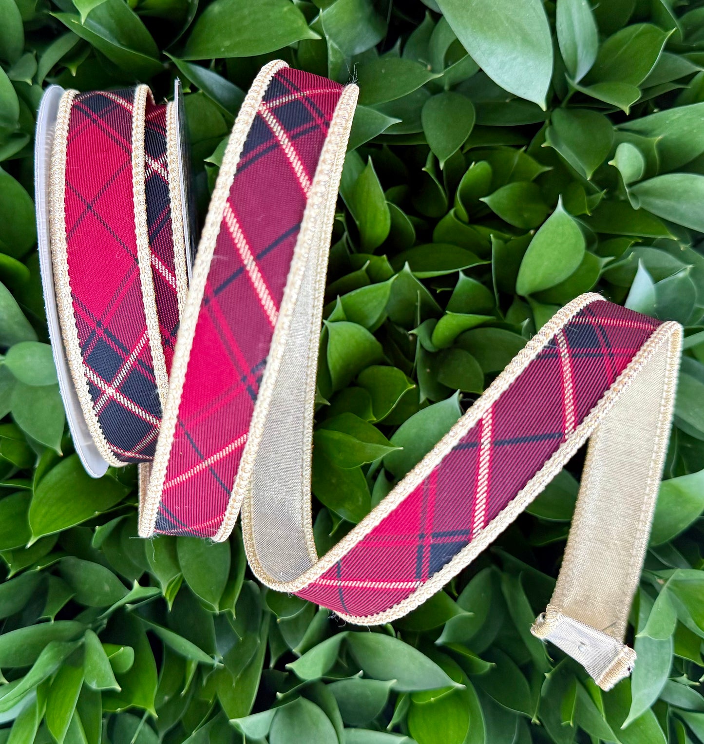 JME heavy wired ribbon. RED/GOLD Diagonal Plaid with Gold Metallic Back