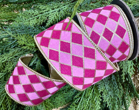 Wired ribbon. Harlequin pink and dark pink with gold backing. 2.5inches by 5 yards.