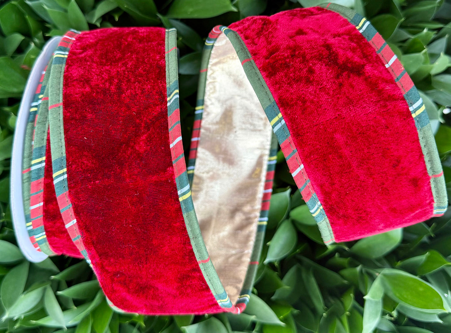 JME heavy wired ribbon. RED Velvet with Plaid Trim and Gold Metallic Back