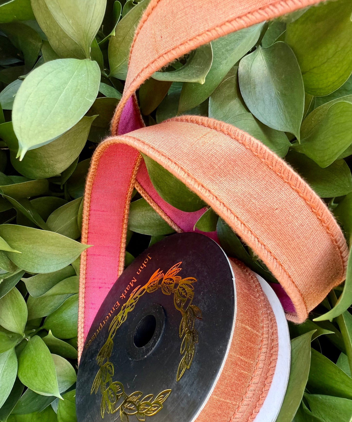 JME heavy wired ribbon. PEACH/PINK Two-Tone Solid