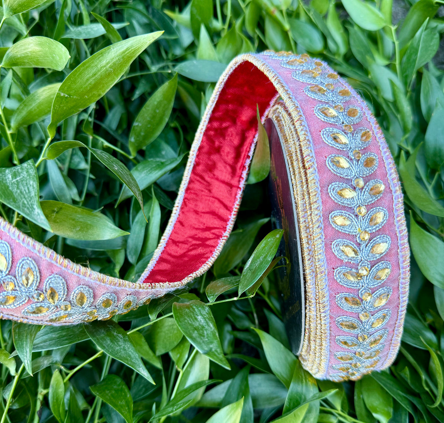 JME heavy Wired ribbon. Red metallic backed with Jeweled Leaf Band.  Dupion Ribbon 1.5"x10YD