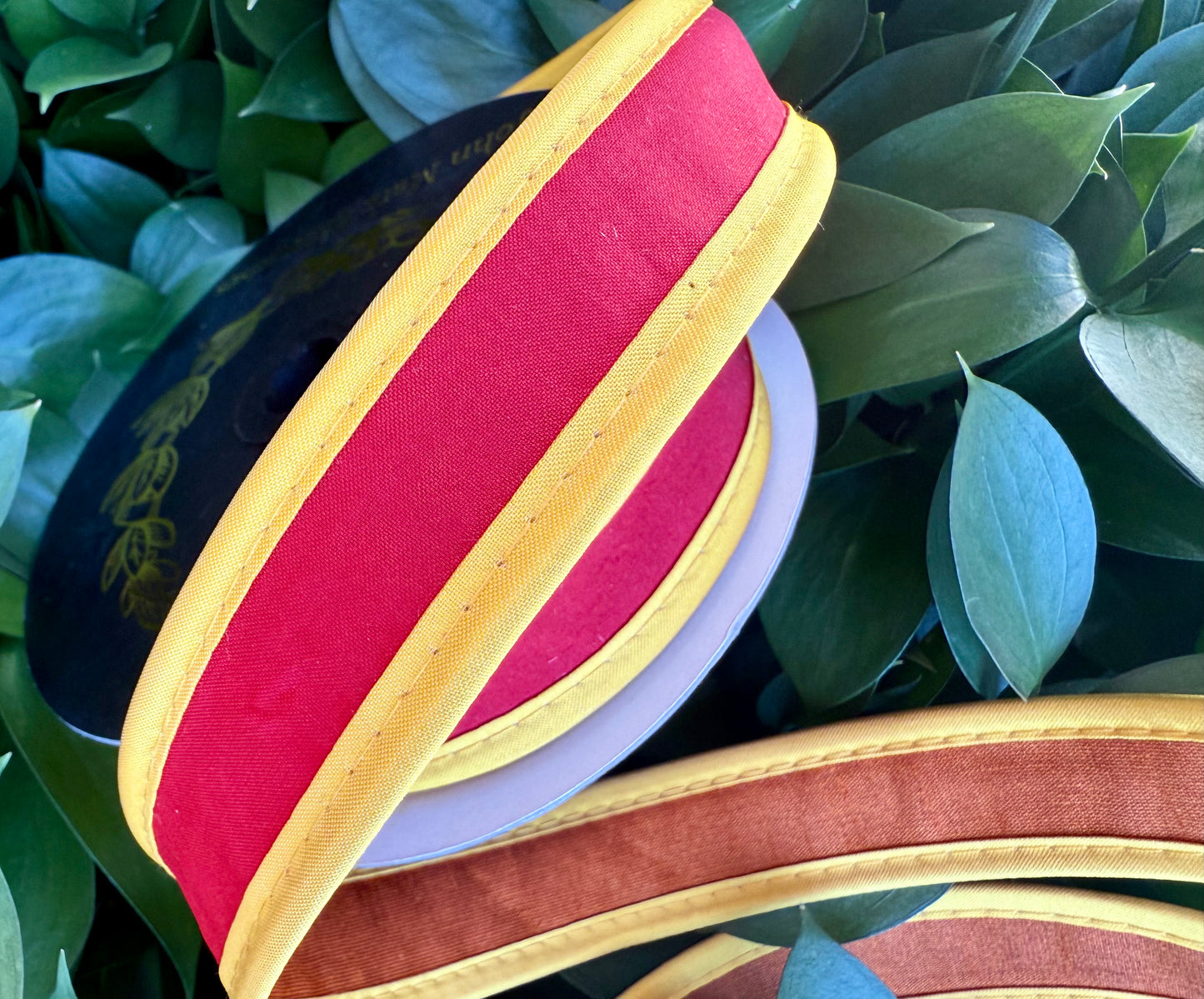 JME heavy wired ribbon. RED/YELLOW/ORANGE Tri-Colored Solid