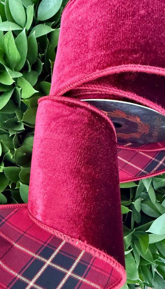 JME heavy wired ribbon. BURGUNDY Velvet with Red/Gold Plaid Back