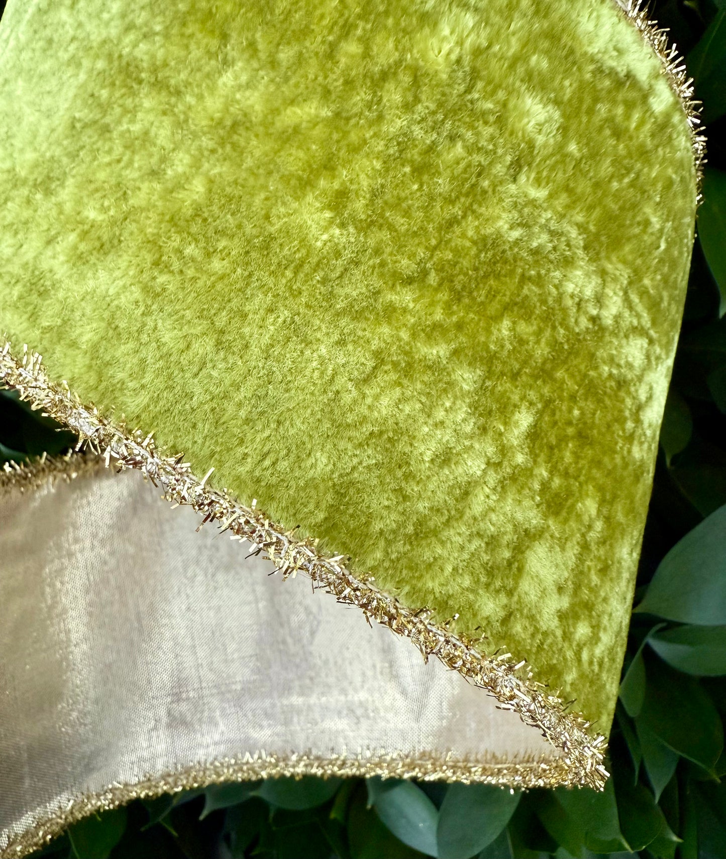 JME heavy wired ribbon. APPLE GREEN Velvet with Gold Tinsel Edge and Gold Metallic Back