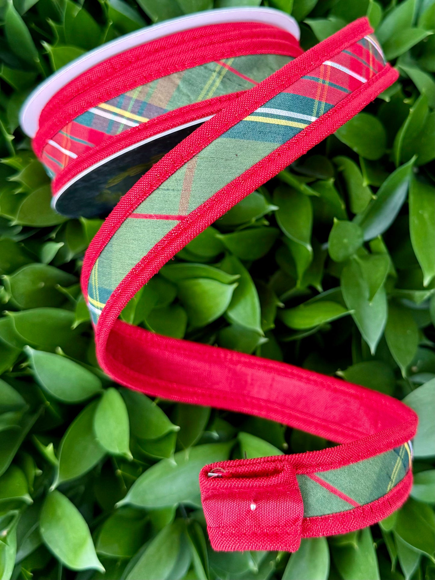 JME heavy wired ribbon. Holiday Plaid Dupion with Red Metallic Back