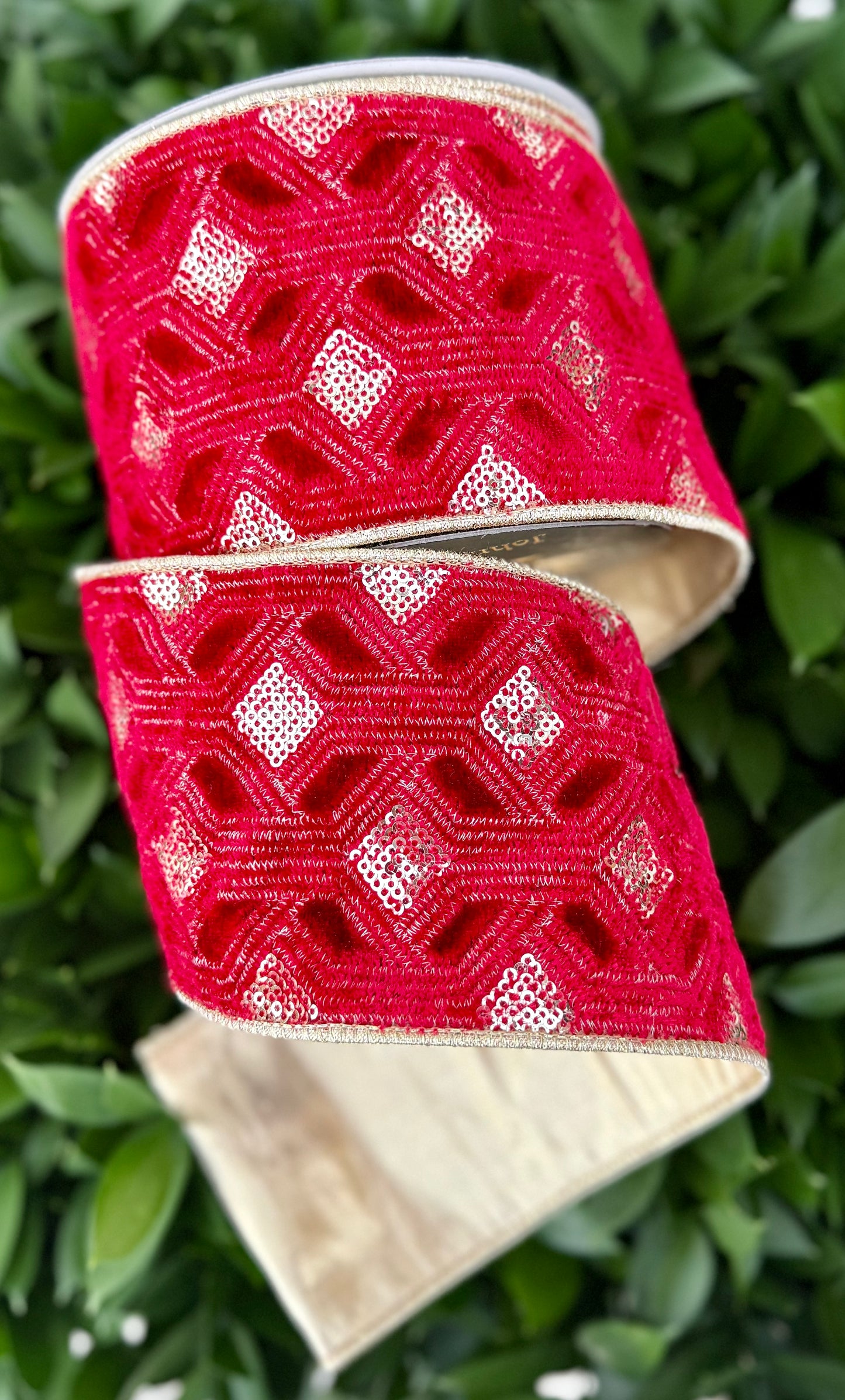 JME heavy wired ribbon. Gold Sequin Embroidered RED Velvet with Gold Metallic Back 4"x 10YDS