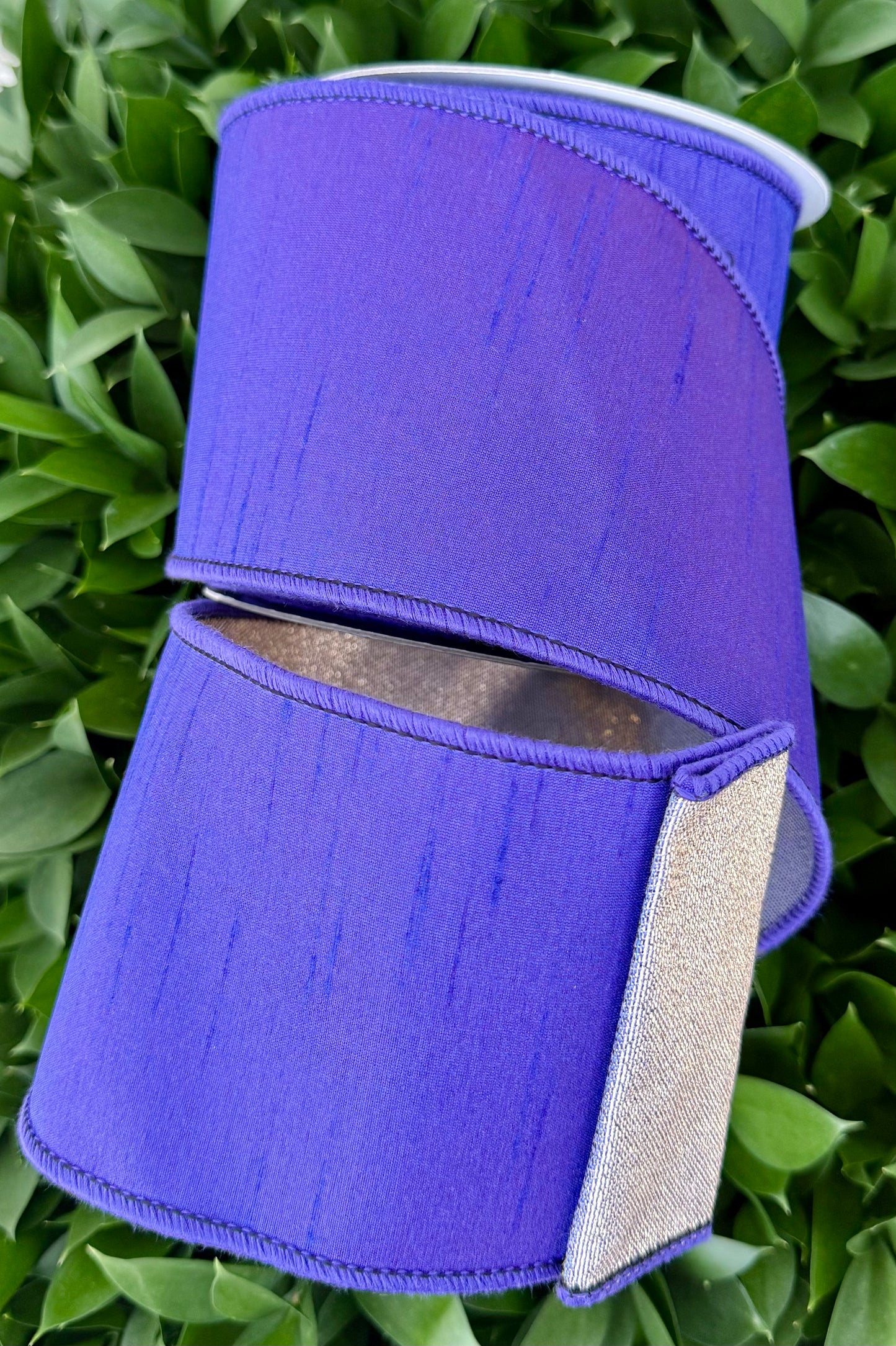 JME heavy wired ribbon. PURPLE Dupion with Purple/Gold Metallic Back 4"x 10YDS