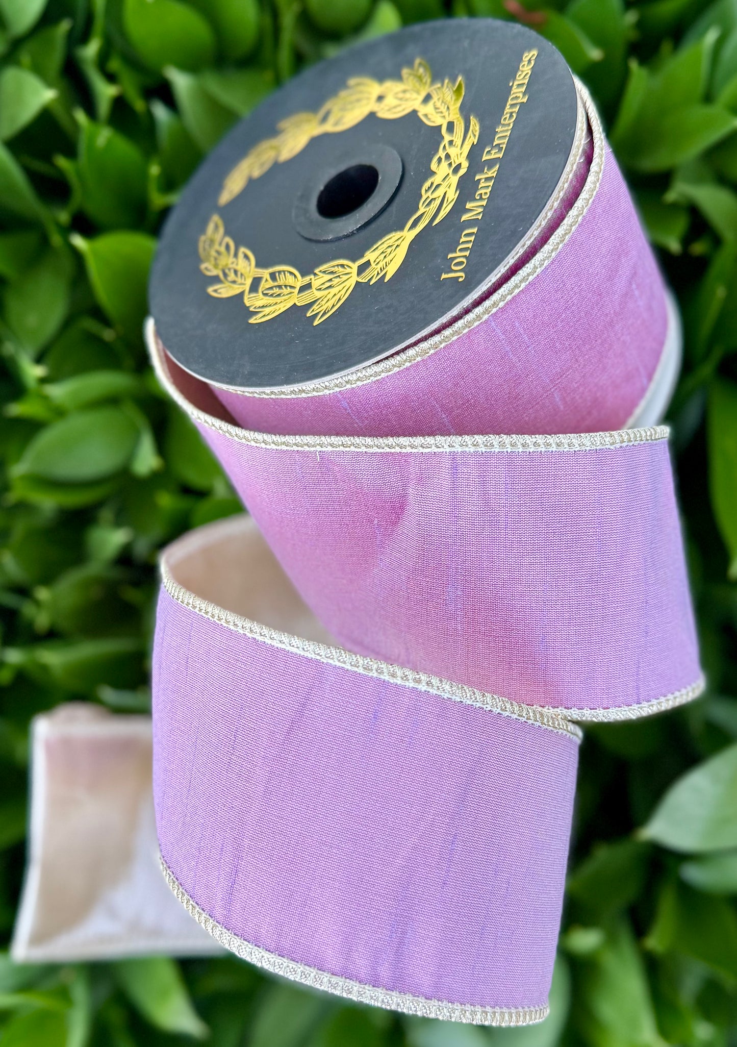JME heavy wired ribbon. LAVENDER Dupion with Champagne Metallic Back