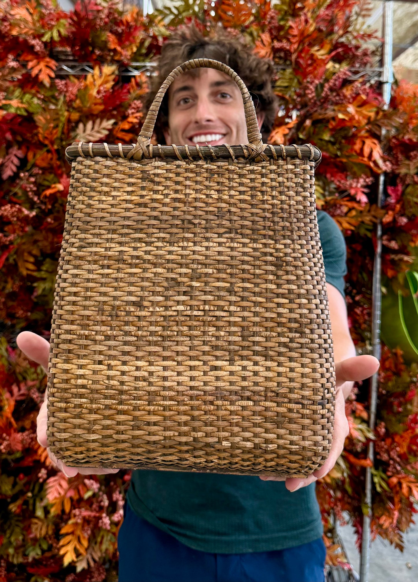 Large RATTAN DOOR BASKET with hanger attached. 8.75inx6.5inx14in