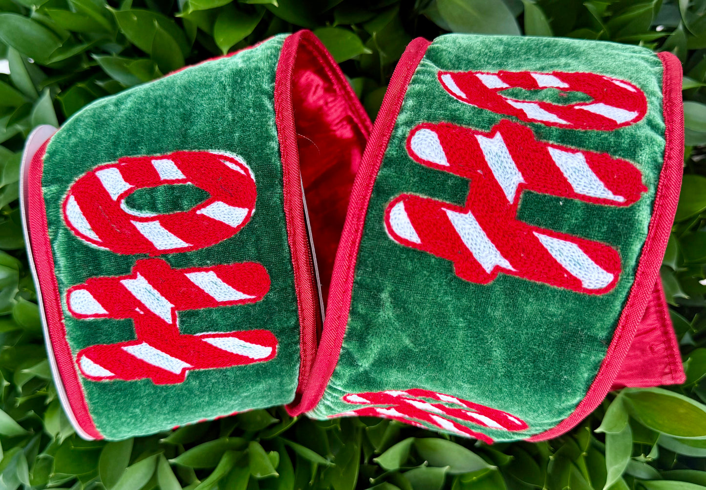 JME heavy wired ribbon. GREEN Velvet with Embroidered "Ho Ho Ho" 4"x 10YDS