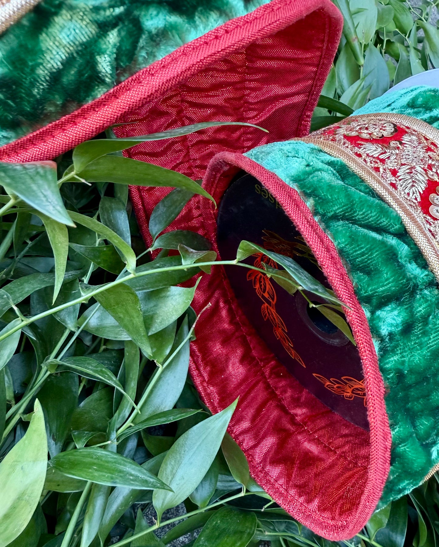 JME Green Crushed Velvet with red and Gold Sequin belt and with Red Metallic Back and pipping. 4"x5YD