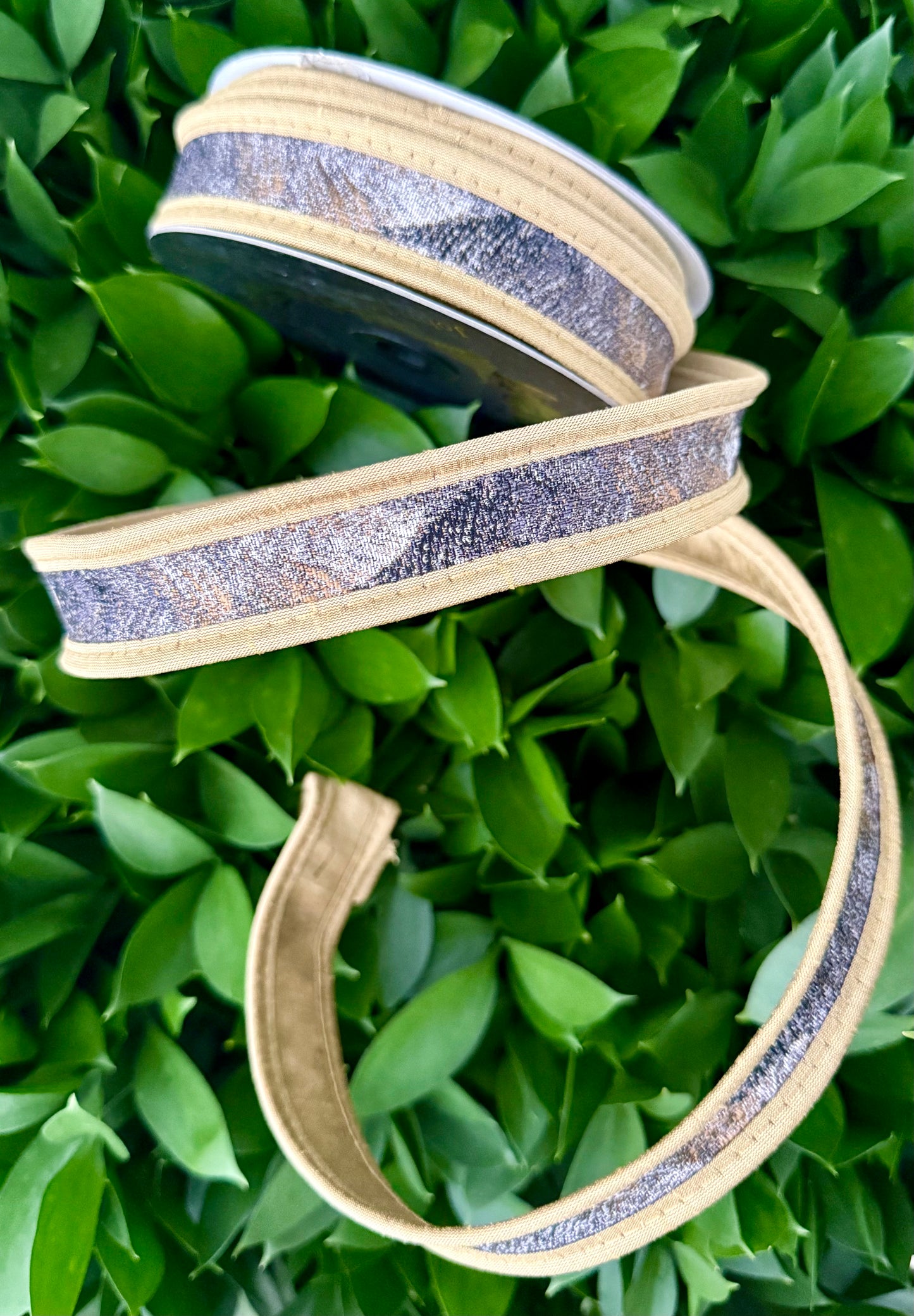 JME heavy wired ribbon. GRAY/BROWN Jacquard Print with Tan Trim 1"x 10YDS