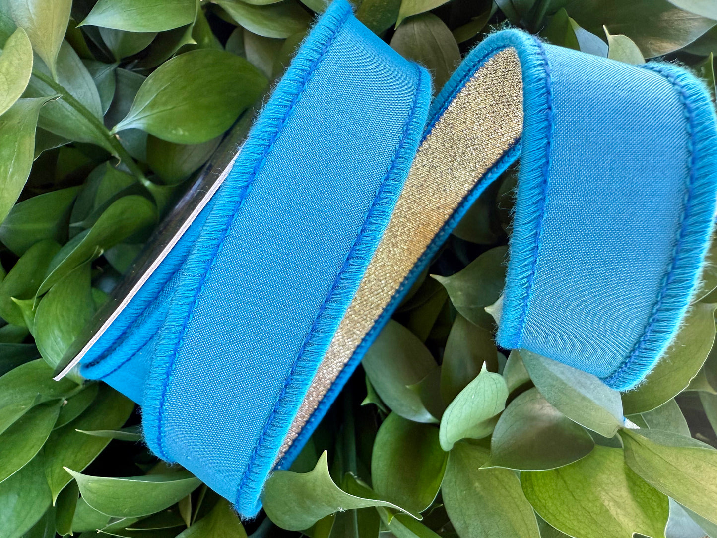 JME heavy wired ribbon. BLUE Taffeta with Gold Mesh Metallic Back