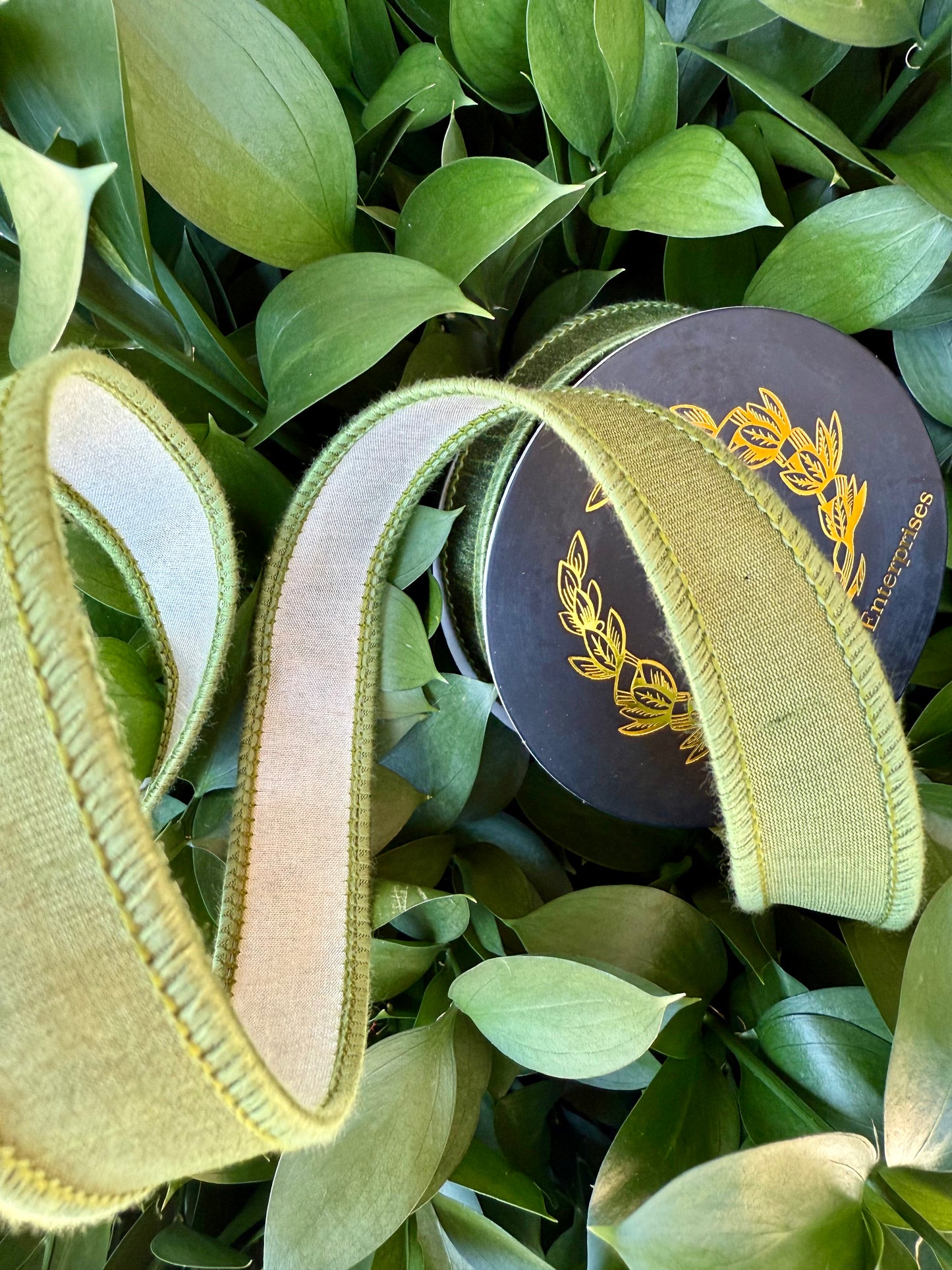 JME heavy wired ribbon. OLIVE/CREAM Two-Tone Solid