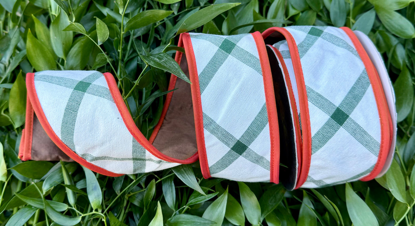 JME heavy Wired ribbon. Cotton green diagonal Check Dupion Ribbon with BROWN backing and ORANGE piping. 2.5"x10YD