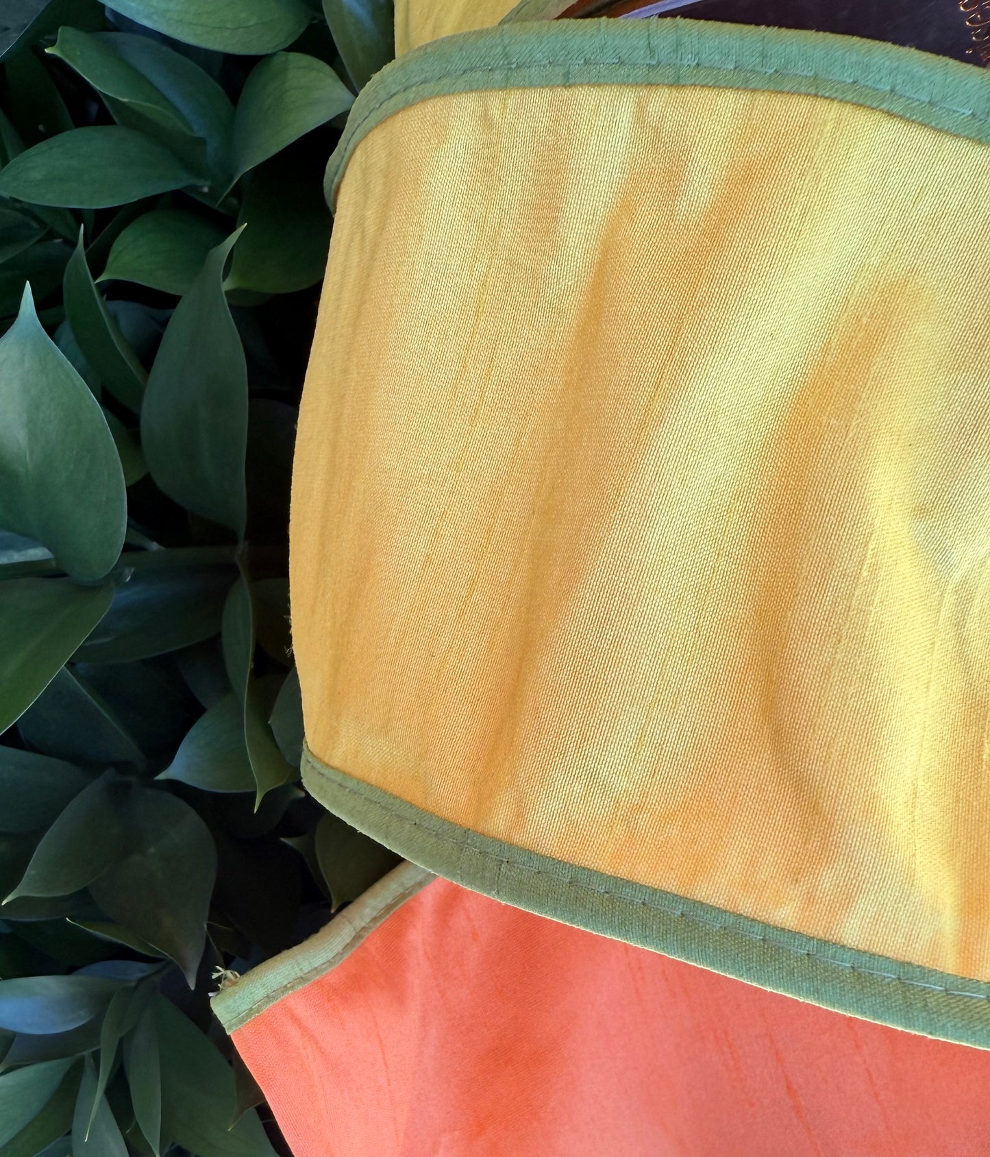 JME heavy wired ribbon. YELLOW/MOSS/ORANGE Tri-Colored Solid 4"x 10YDS