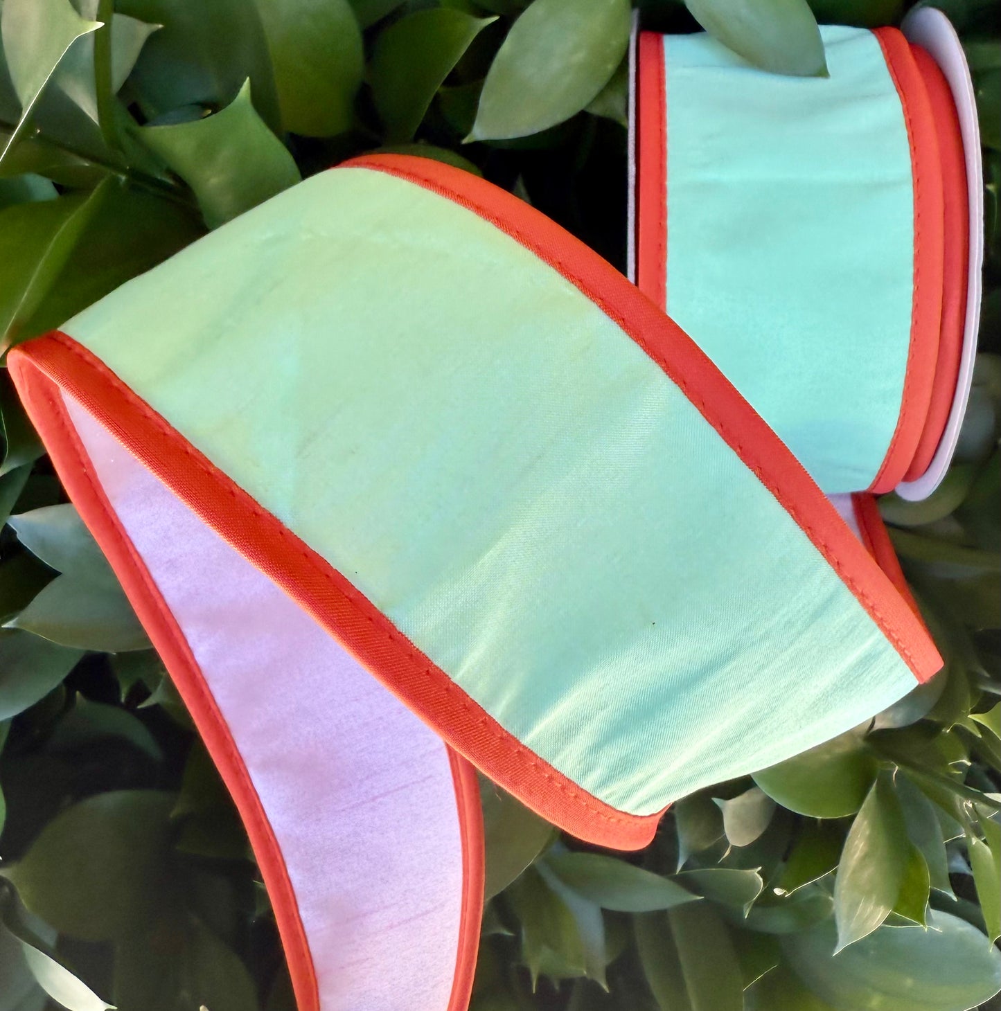 JME heavy wired ribbon. MINT/RUST/PINK Tri-Colored Solid
