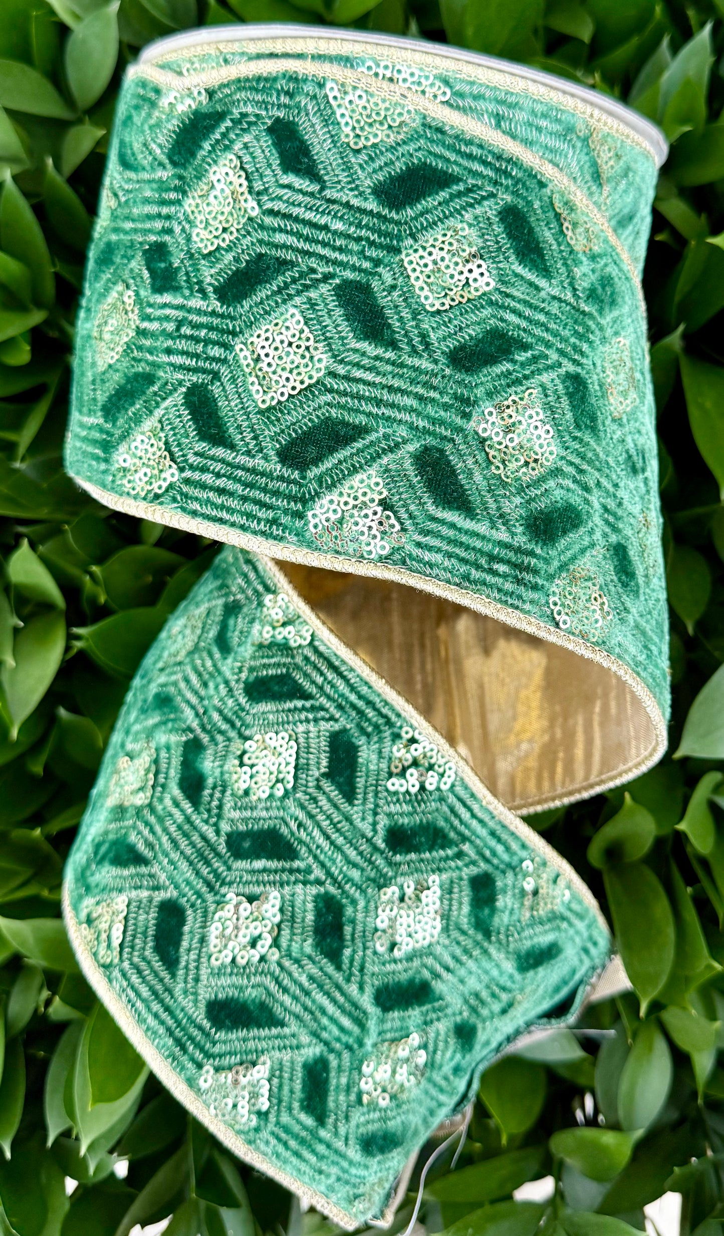 JME heavy wired ribbon. Gold Sequin Embroidered GREEN Velvet with Gold Metallic Back 4"x 10YDS