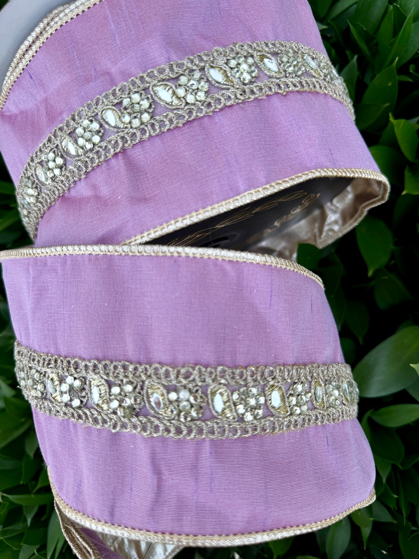 JME heavy wired ribbon. LILAC Pastel Dupion with Sequined Band and Metallic Back 4"x 10YDS
