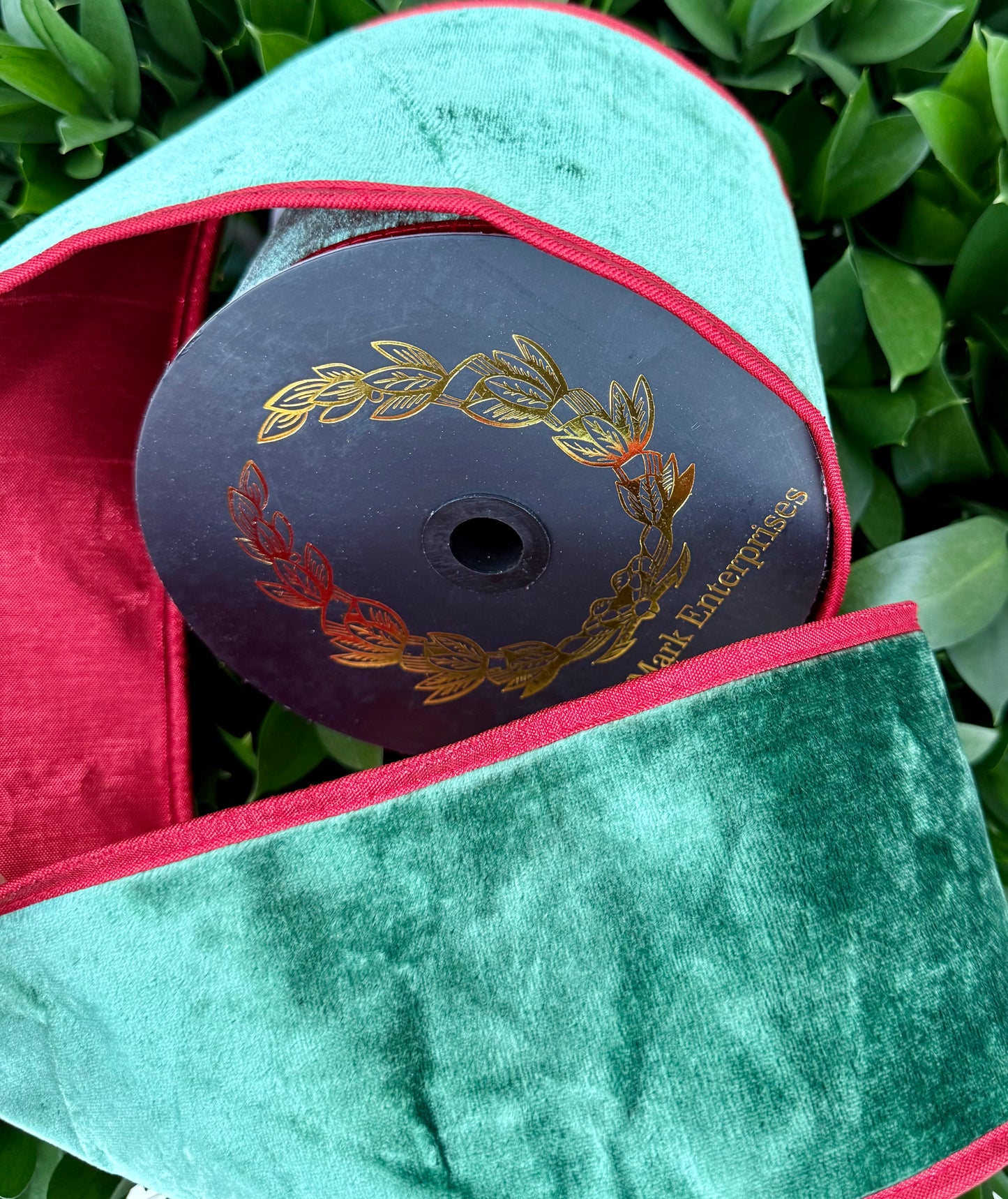 JME heavy wired ribbon. GREEN Velvet with Red Metallic Back