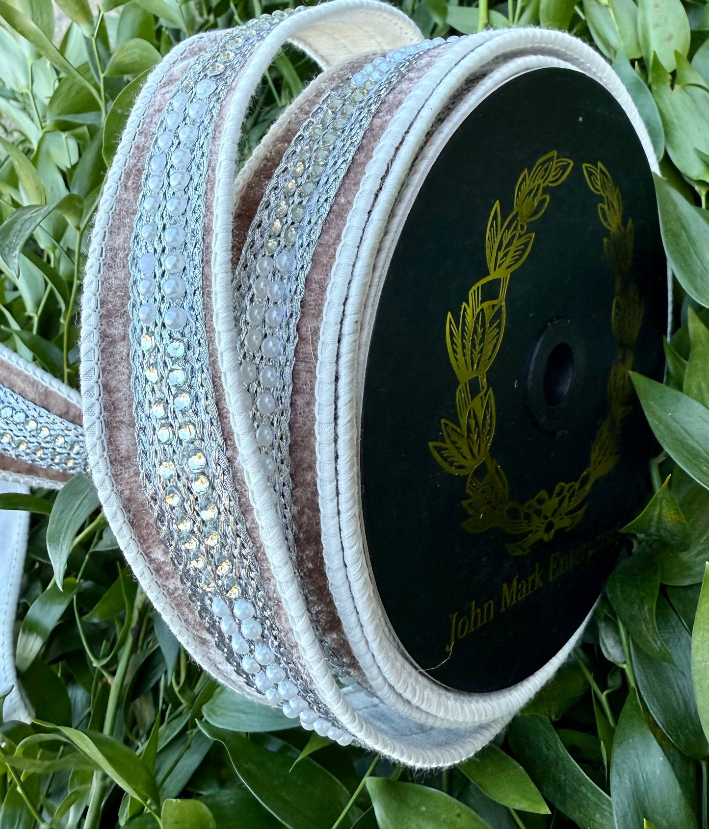 JME Pearl Trim. Gray Velvet with white Taffeta Back And piping. Heavy Wired Ribbon 1.5"x10YD