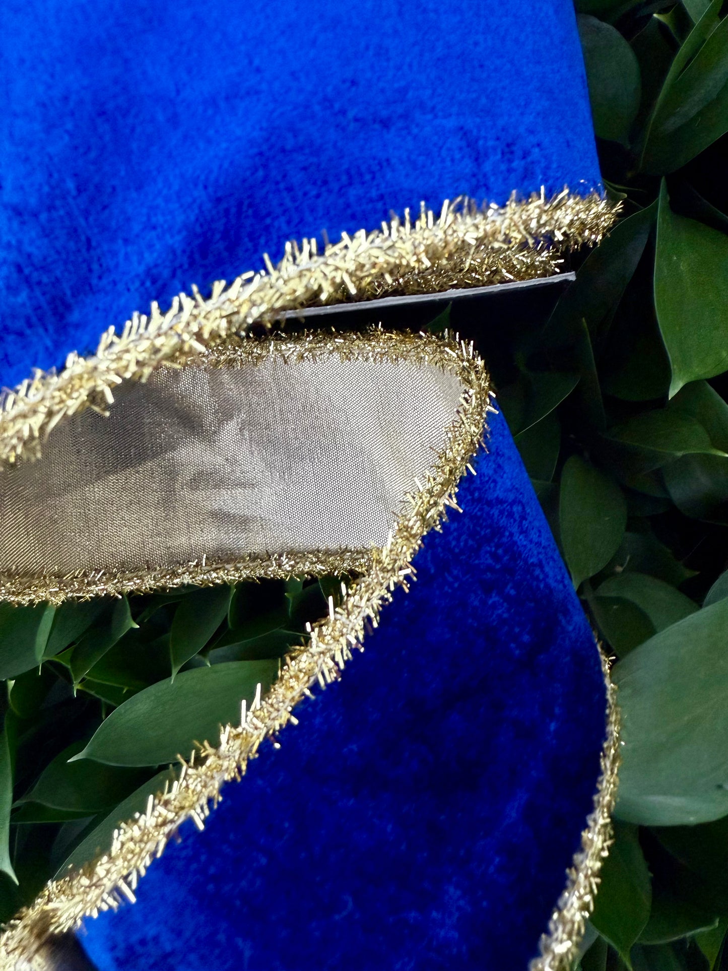 JME heavy wired ribbon. NAVY BLUE Velvet with Gold Tinsel Edge and Gold Metallic Back