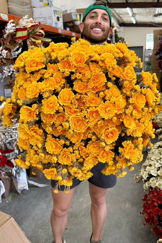 Faux YELLOW mum pot fillers. Can fluff out after shipping. Container (the white pot that will go inside your pot) the mums are in is 10inches wide by 9inches tall.