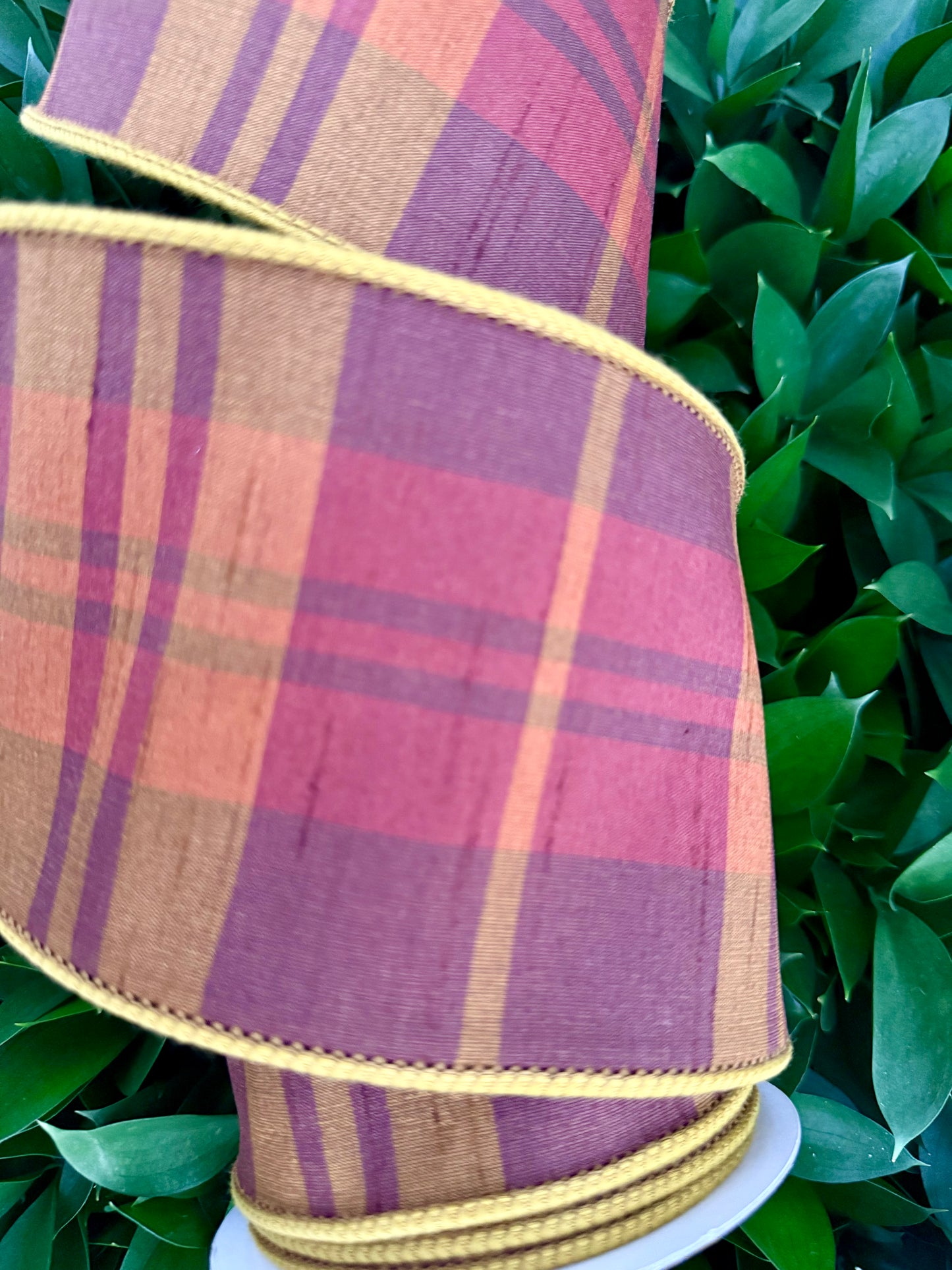 JME heavy wired ribbon. RUST/BROWN Plaid with Dupion Back