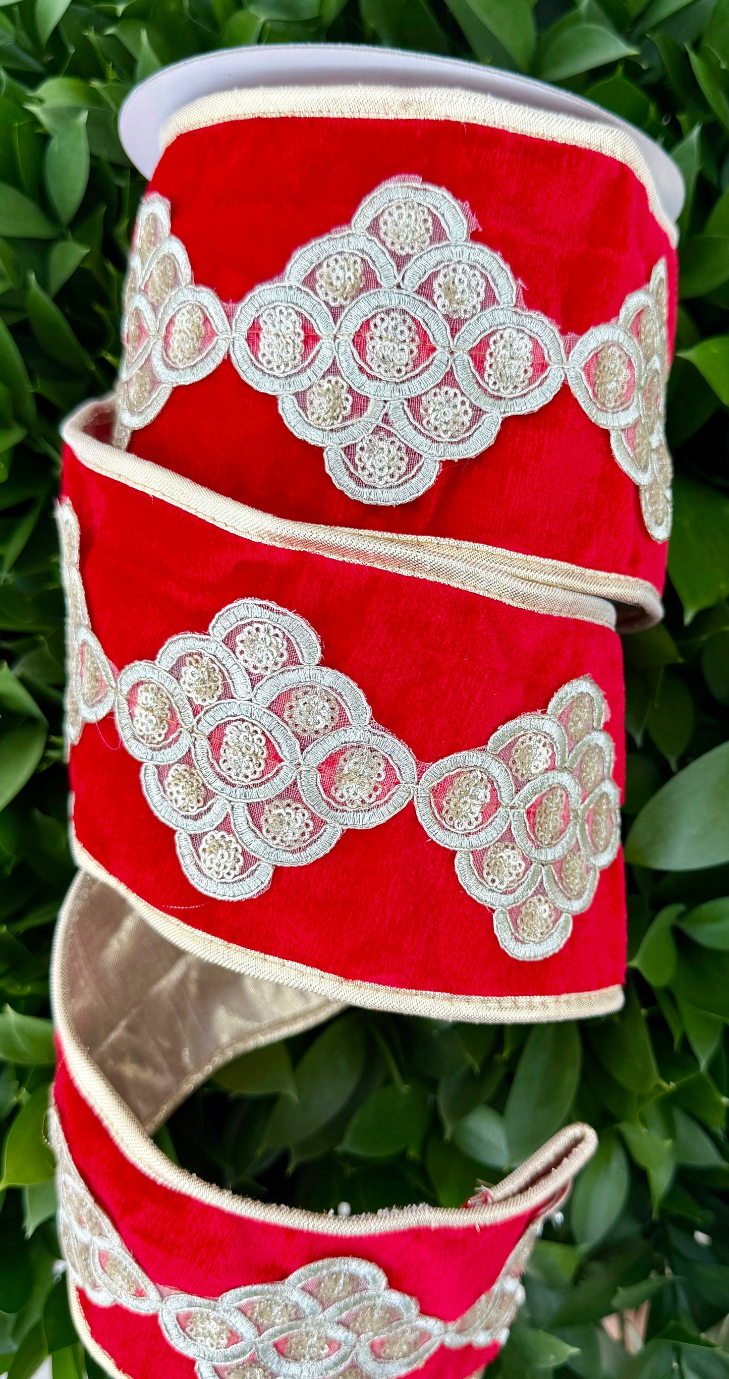 JME heavy wired ribbon. RED Velvet with Champagne Sequin Band 4"x 5YDS