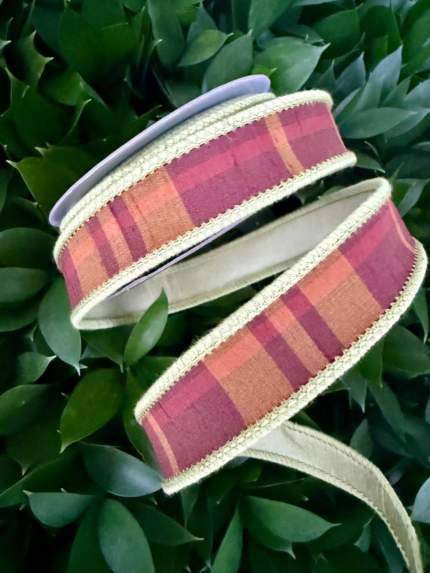 JME heavy wired ribbon. RUST/BROWN Plaid with Dupion Back