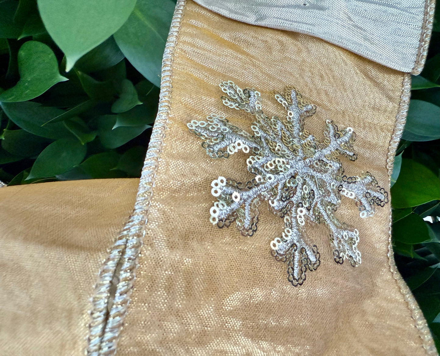 JME heavy wired ribbon. GOLD Metallic with Gold Sequin Snowflakes 4"x 10YDS