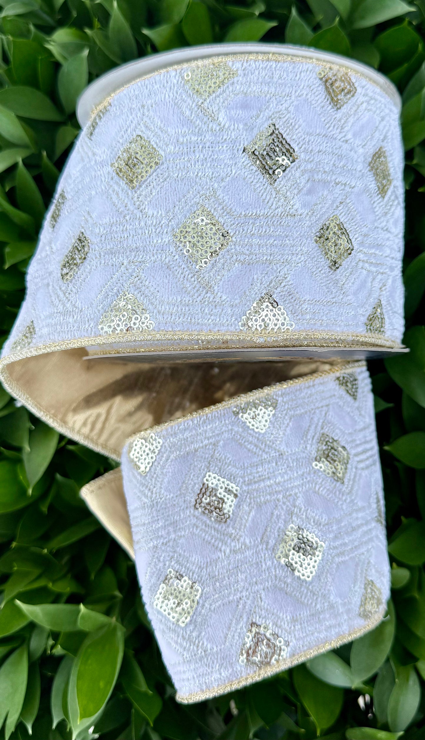 JME heavy wired ribbon. Gold Sequin Embroidered WHITE Velvet with Gold Metallic Back 4"x 10YDS