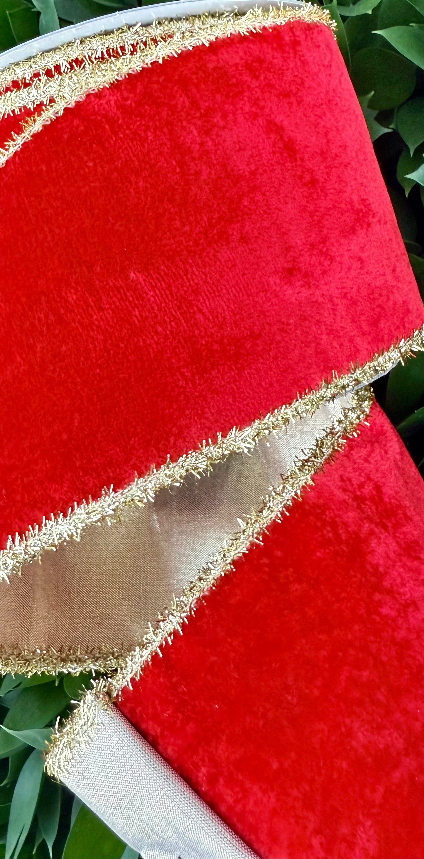 JME heavy wired ribbon. RED Velvet with Gold Tinsel Edge and Gold Metallic Back