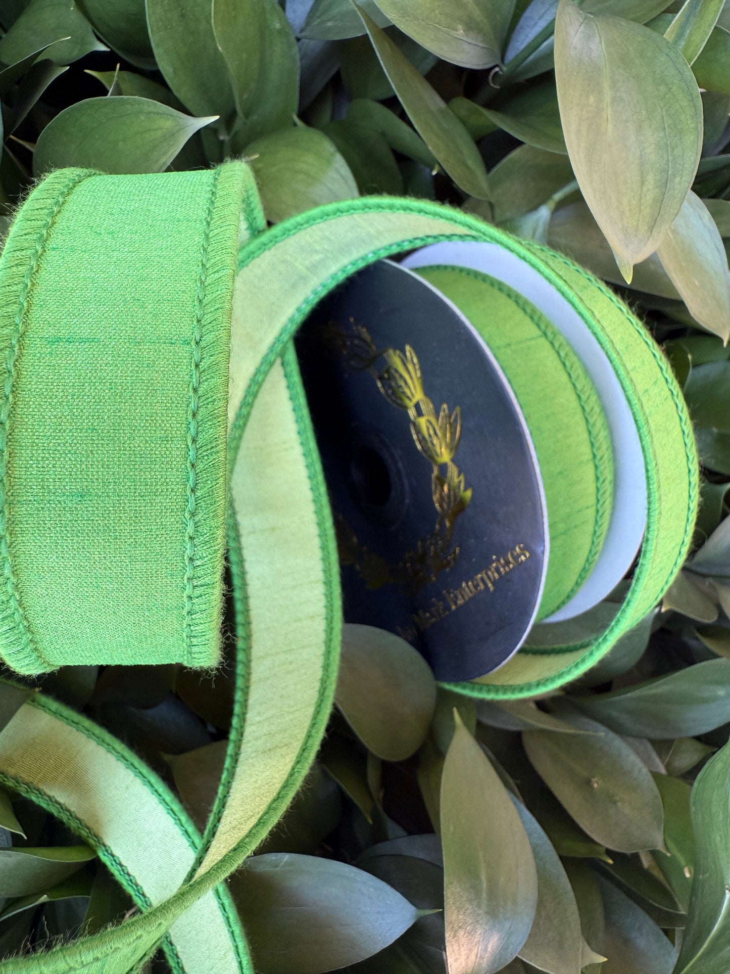 JME heavy wired ribbon. LIME/PALE GREEN Two-Tone Solid