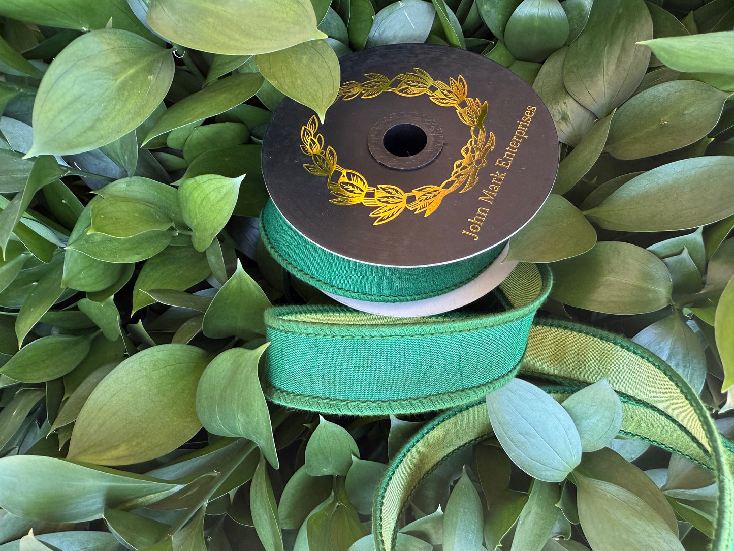 JME heavy wired ribbon. EVERGREEN/MOSS Two-Tone Solid