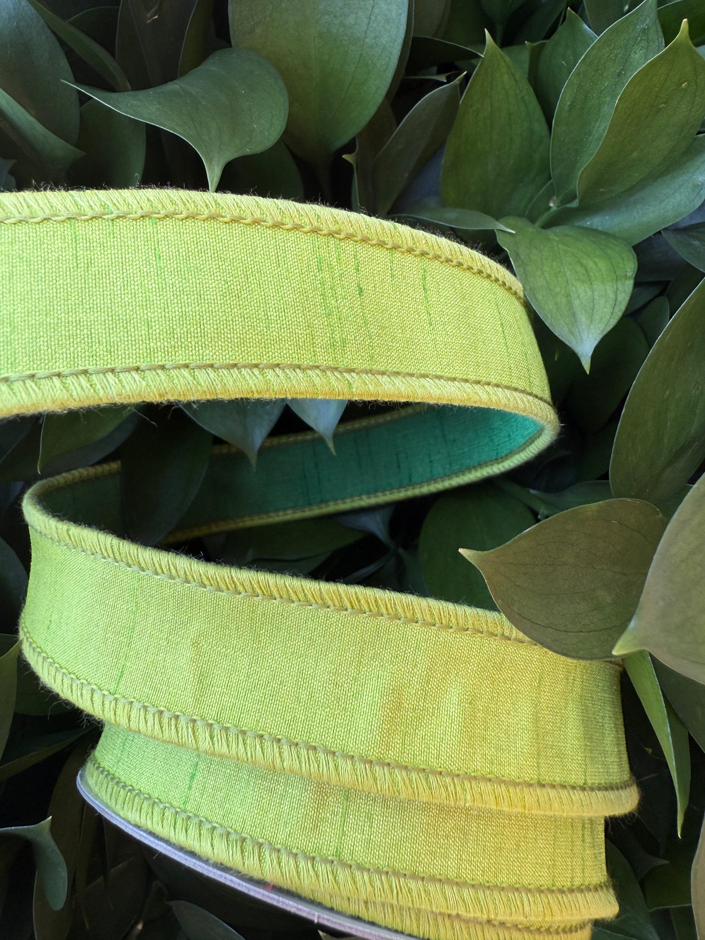 JME heavy wired ribbon. CHARTREUSE/DARK GREEN Two-Tone Solid