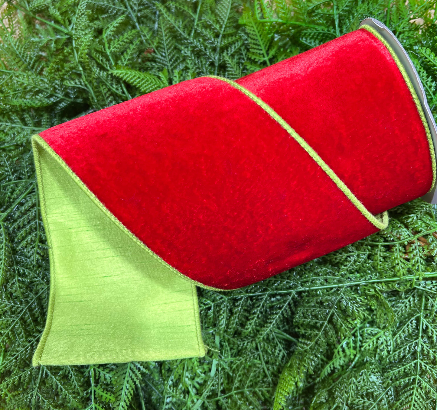 JME heavy wired ribbon. RED Velvet with LIME Dupion Back 4"x 10YDS