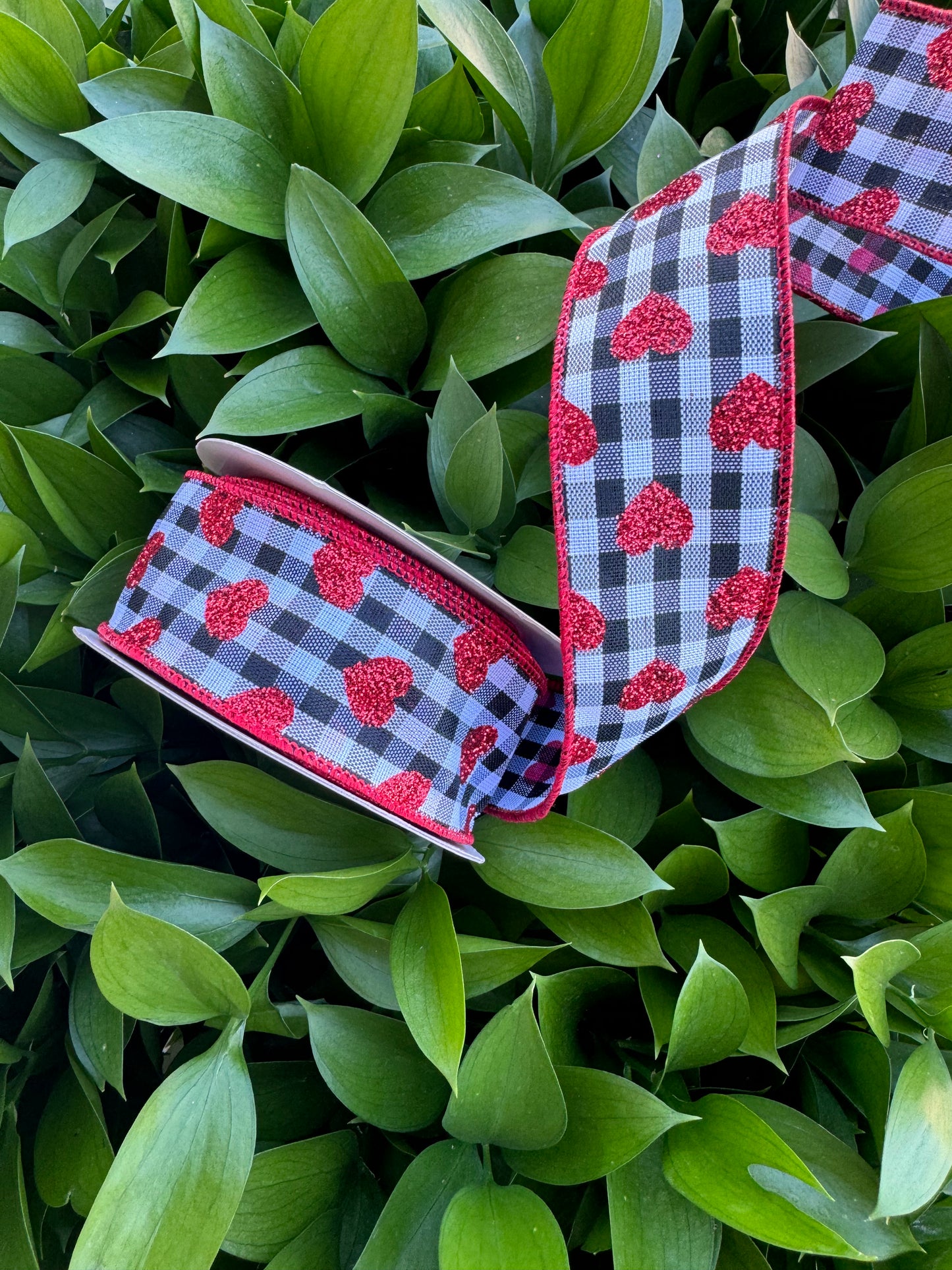Black/White Check with Red Glitter Hearts Wired Ribbon 1.5"x10 YD