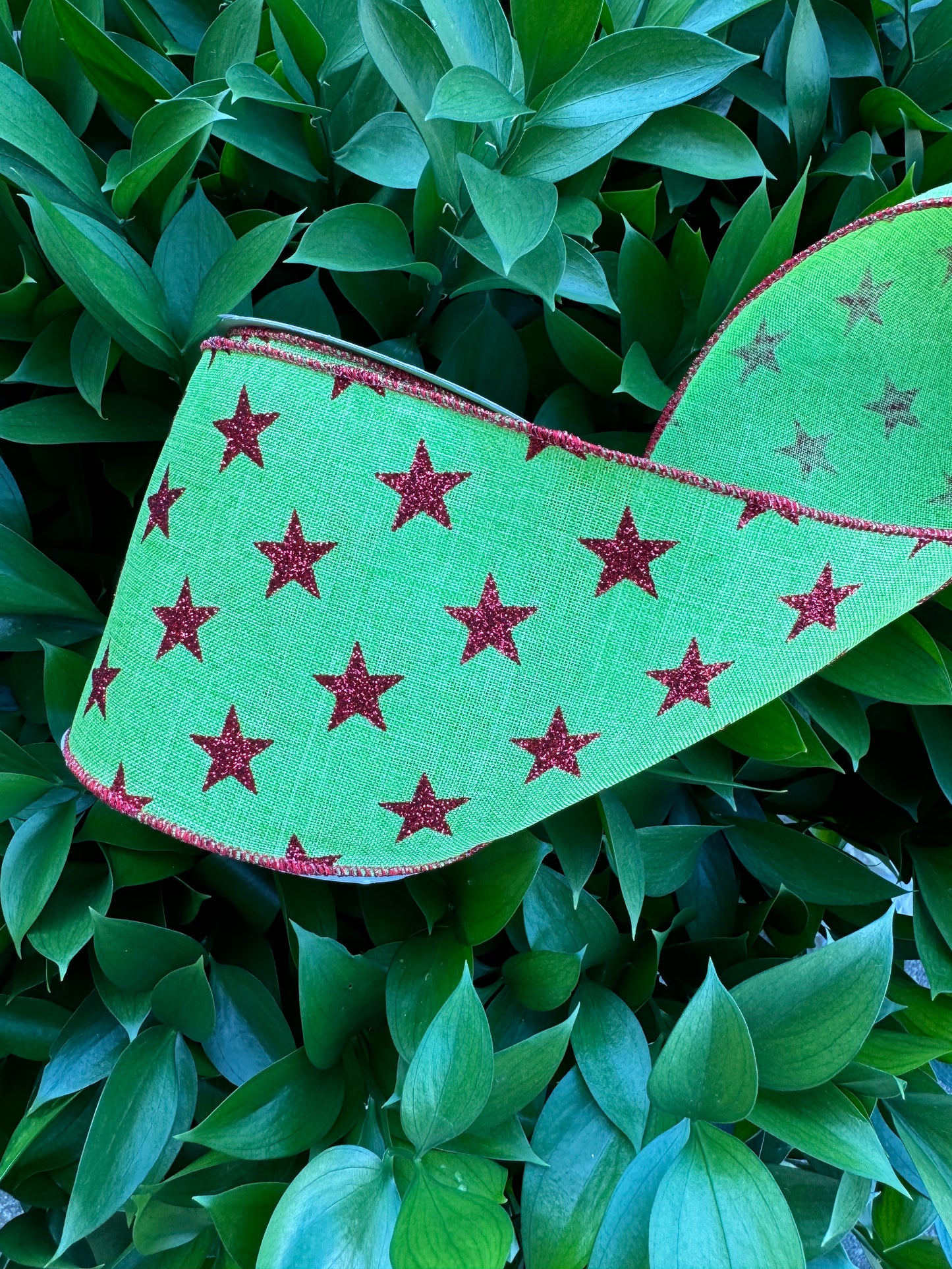 Lime with Red Glitter Stars Wired Ribbon 4"x 10YDS