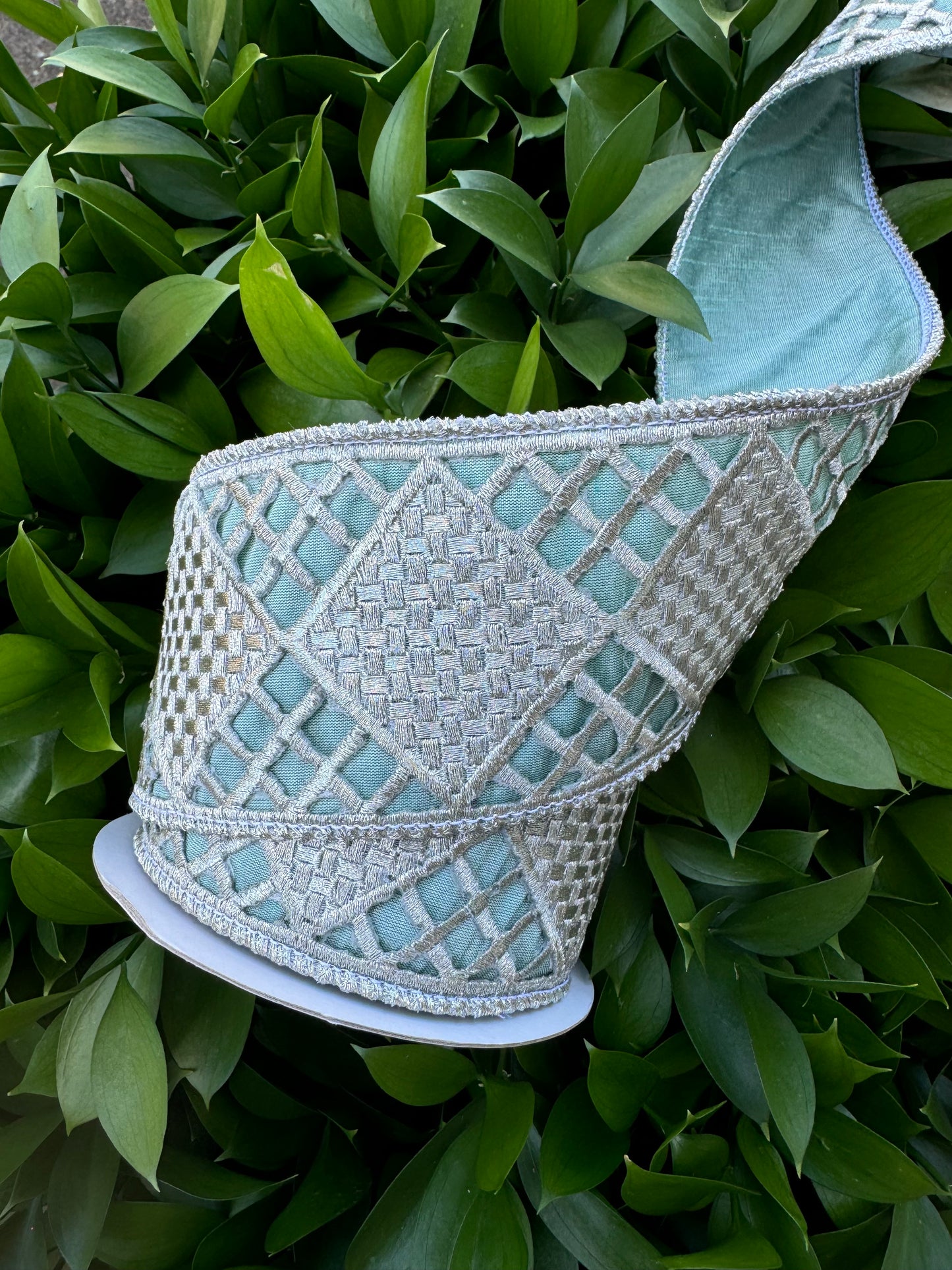 Sky Blue Satin Ribbon with Embroidered Silver Netting 3 inch