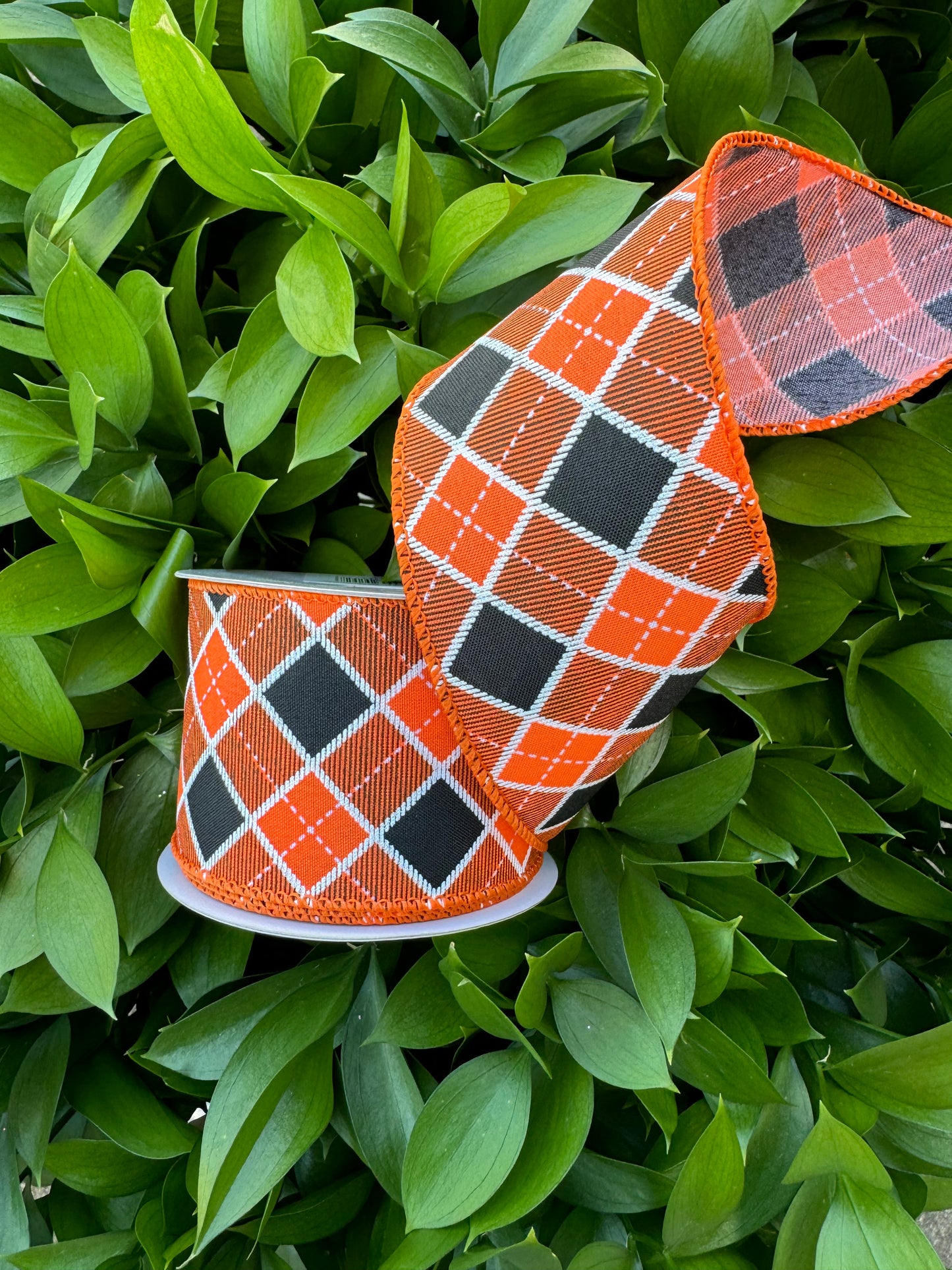 Orange/Black Stitched Diagonal Check Wired Ribbon 2.5"x 10YDS