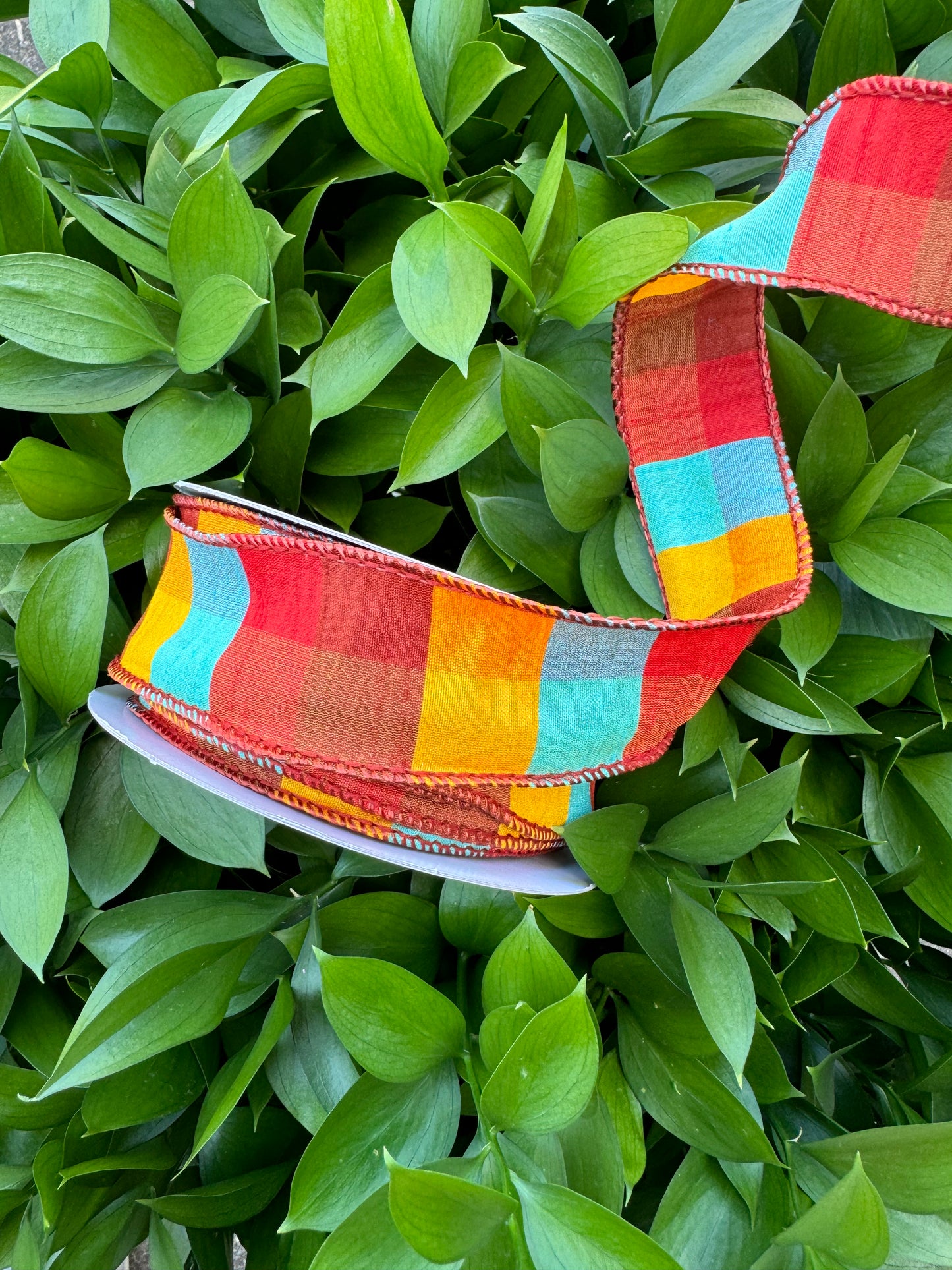 Rust/Yellow/Teal Check Wired Ribbon 1.5"x 20YDS