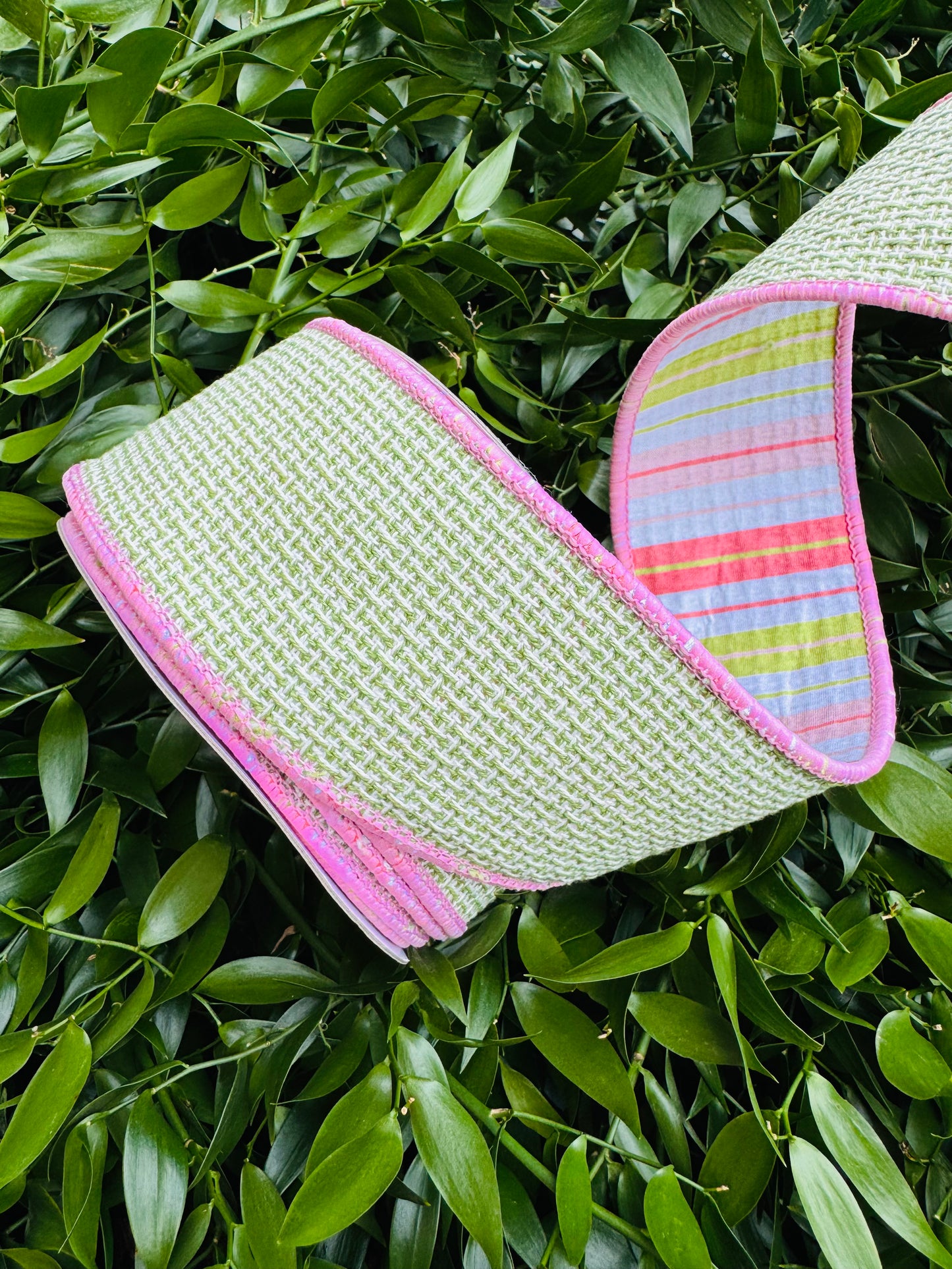 JME heavy wired ribbon. GREEN Basketweave Linen with Pink Striped Back 2.5"x 10YDS