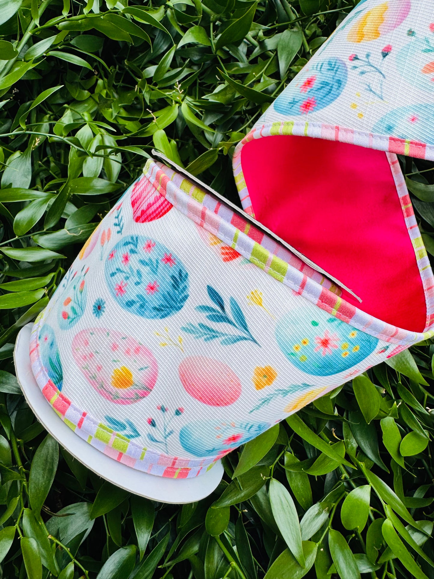 JME heavy wired ribbon. Easter Eggs with Pink/Lime Striped Trim and Hot Pink Back 4"x 10YDS