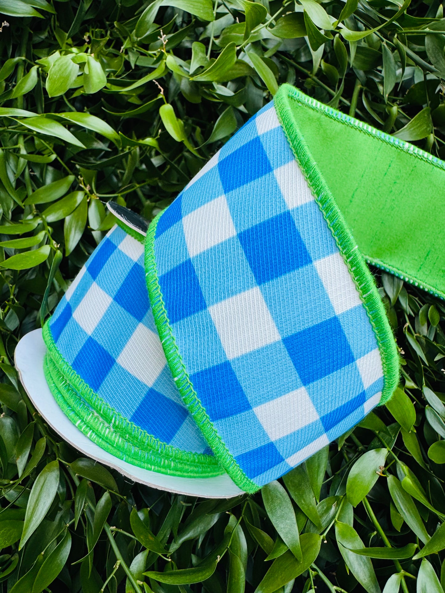 JME heavy wired ribbon. BLUE/WHITE Check with GREEN Dupion Back 2.5"x 10YDS