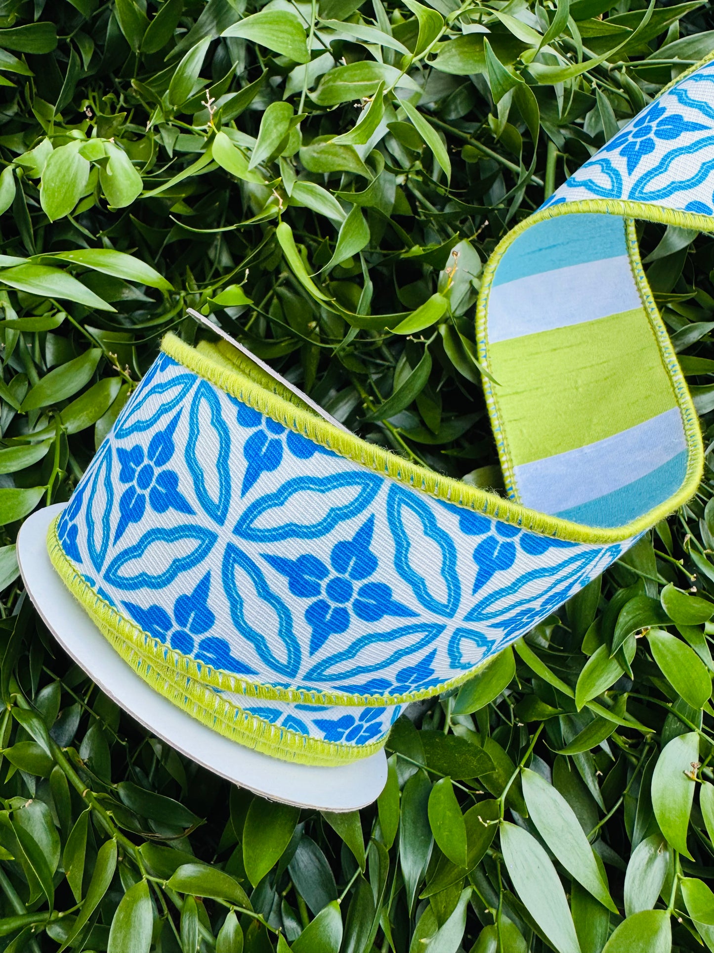 JME heavy wired ribbon. BLUE/WHITE Geo Pattern with Lime/Blue Striped Dupion Back 2.5"x 10YDS
